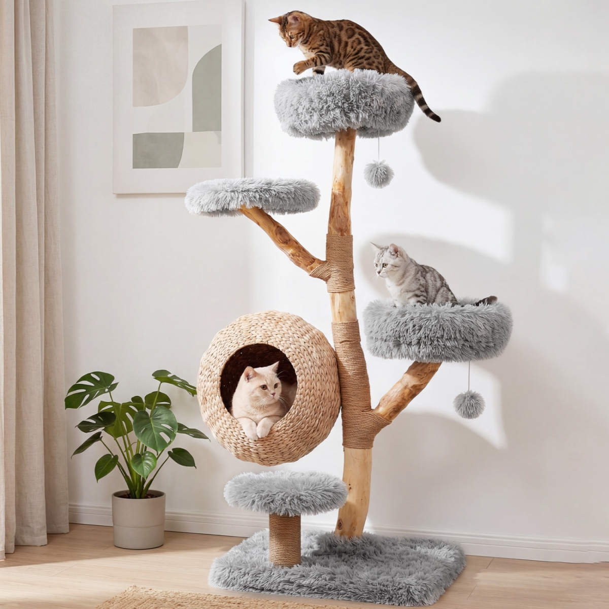 PV10597GR 5-Tier Wooden Cat Tree with Woven Condo Plush Perches Jute Posts & Balls - Gray