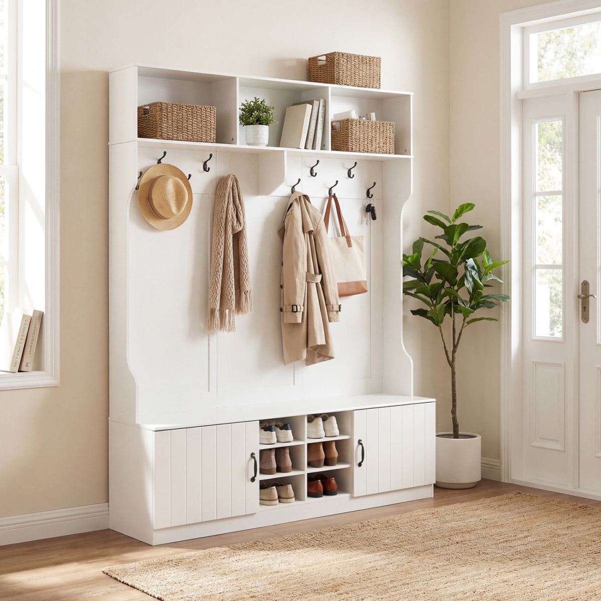 JV13903WH 59 in. Wide 6-in-1 Hall Tree with Bench & Storage - White