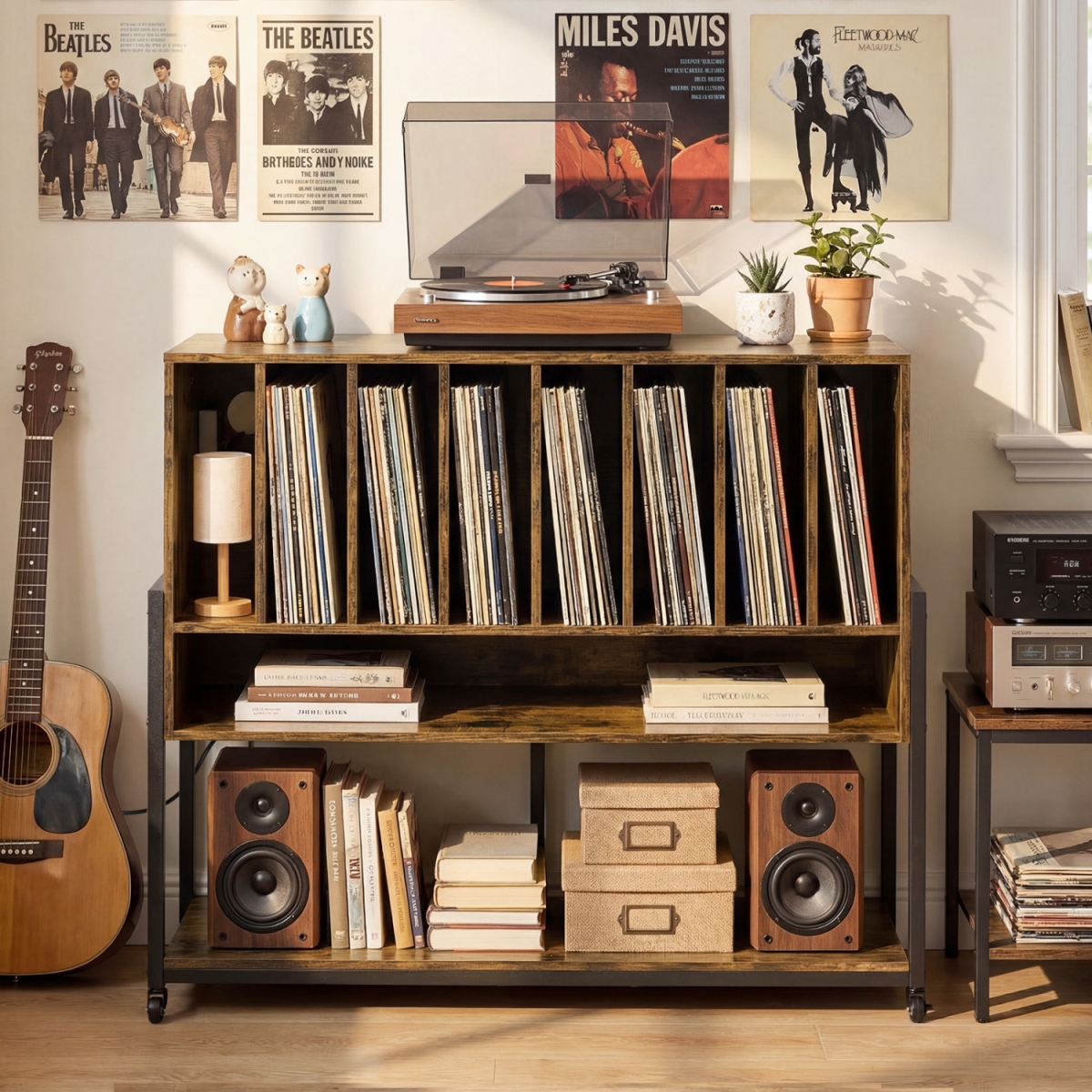 JV13917US-CF Turntable Stand with Charging Station & Vinyl Storage Shelves - Rustic Brown