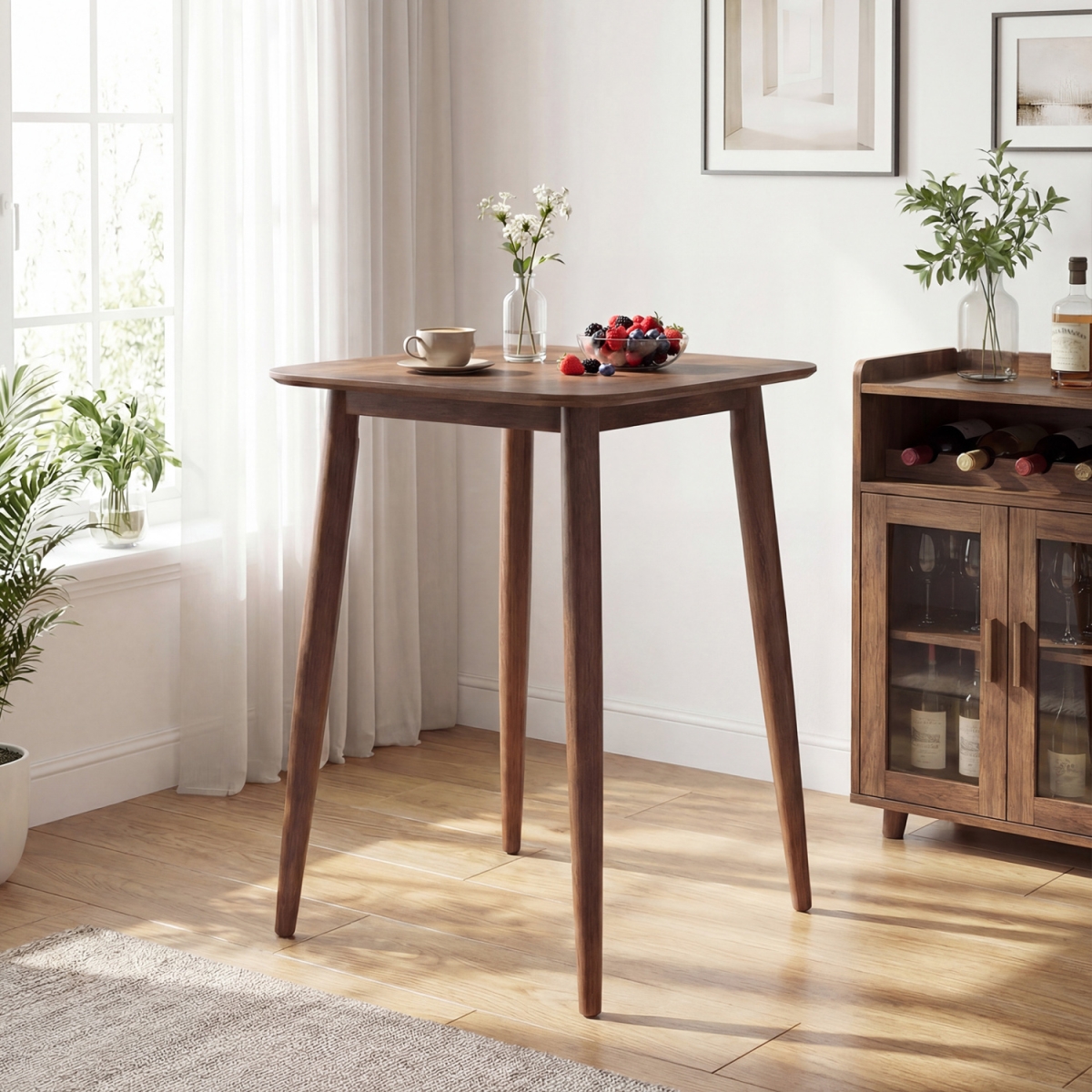 JV13925WN 36 in. Counter Height Bar Table Wooden High Top Pub Table with Solid Rubber Wood Legs - Walnut