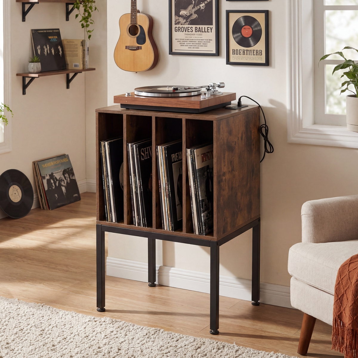 JV13995CF Turntable Record Player Stand with Power Outlets - Rustic Brown