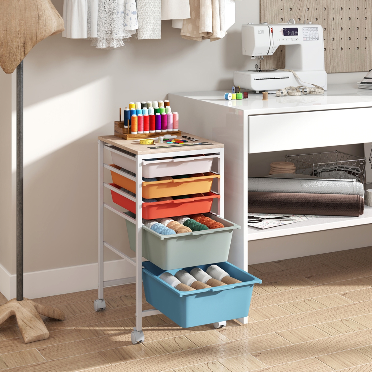 JV14022GW 5-Drawer Rolling Storage Cart Mobile Utility Organizer with Wooden Tabletop & Lockable Wheels - Macaron