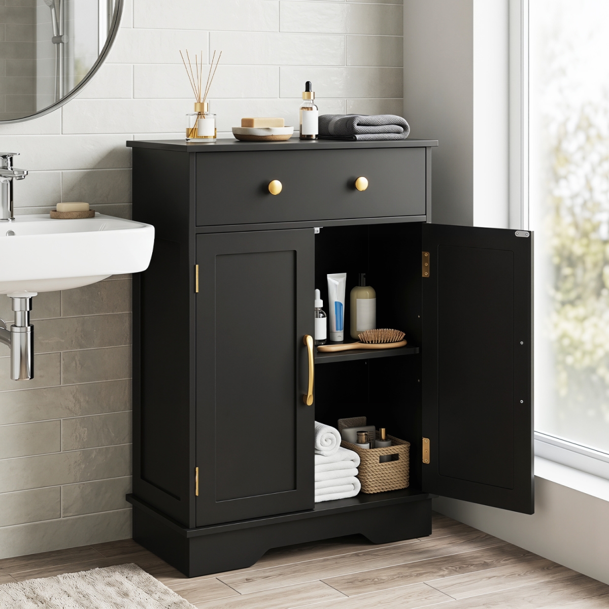 JV14087DK Floor Storage Cabinet with Doors Modern Buffet Sideboard with Drawer & Adjustable Shelf - Black
