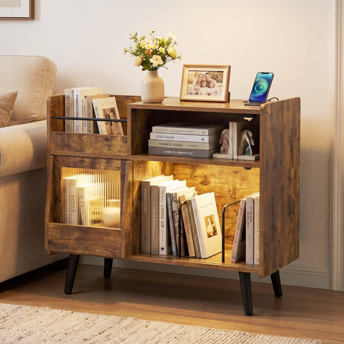 JV14100US-CF Record Player Stand with LED Light & Power Outlets - Rustic Brown