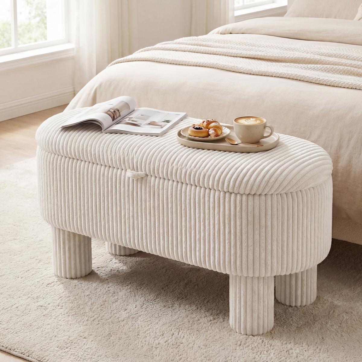 JV14156BE 42 in. Storage Ottoman Bench Corduroy Fabric Upholstered Foot Stool - Beige