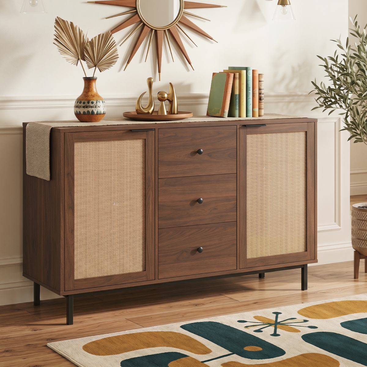 JV14160BN Sideboard Buffet Cabinet Rustic Farmhouse Coffee Bar Table with 2 Rattan Doors & 3 Drawers - Brown