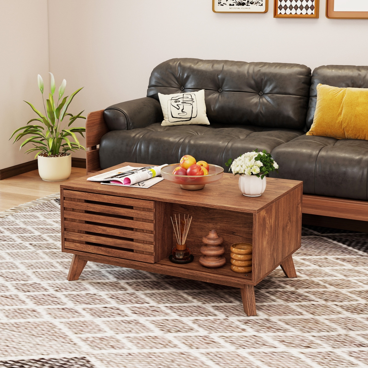 JV14194CF 35.5 in. Lift Top Coffee Table with Hidden Compartment & Sliding Door for Living Room - Brown