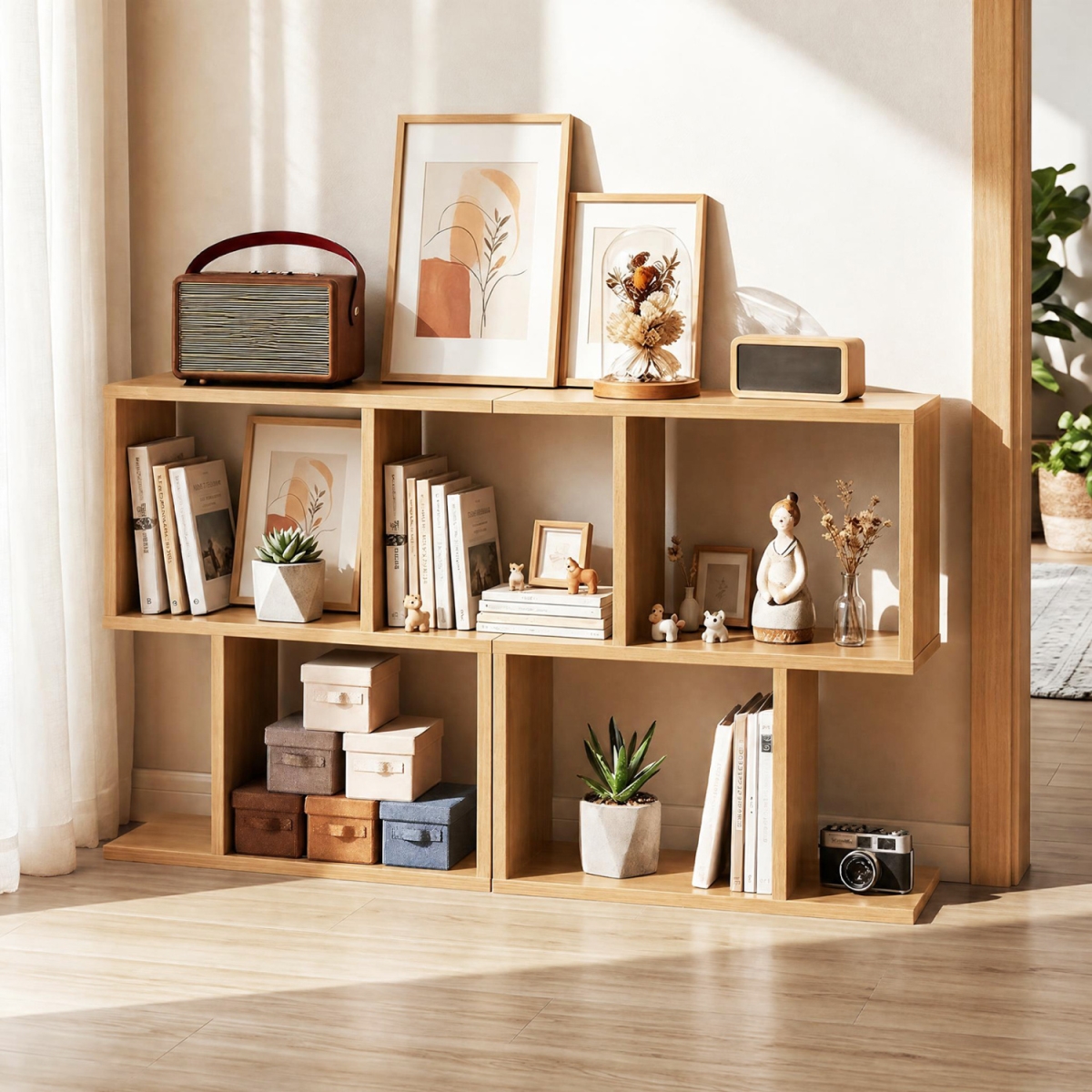 JV14242NA-2 3-Tier Geometric Bookshelf Freestanding Display Shelf Side Table - Natural - Set of 2