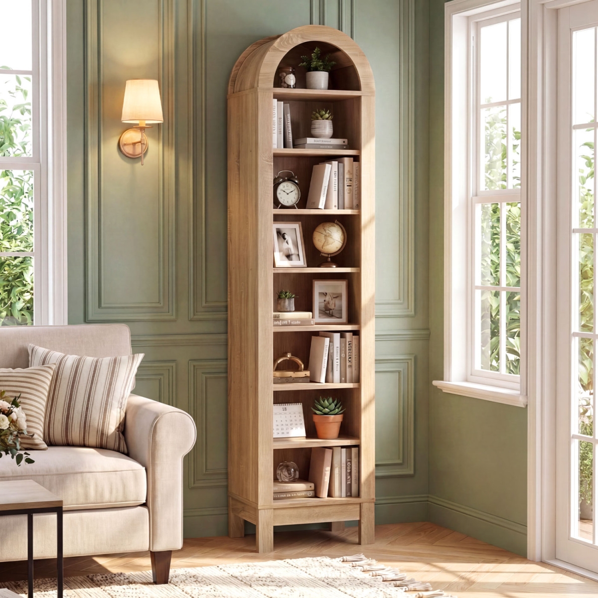 JV14249NA 8-Tier Modern Arch Bookshelf with 3 Adjustable Shelves - Natural