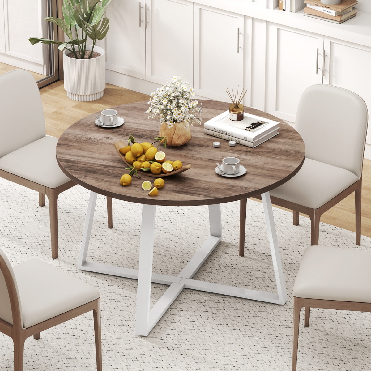 JV12196NA 47 in. Round Dining Table with Stable X-Shaped Base & Round Thickened Tabletop - Natural
