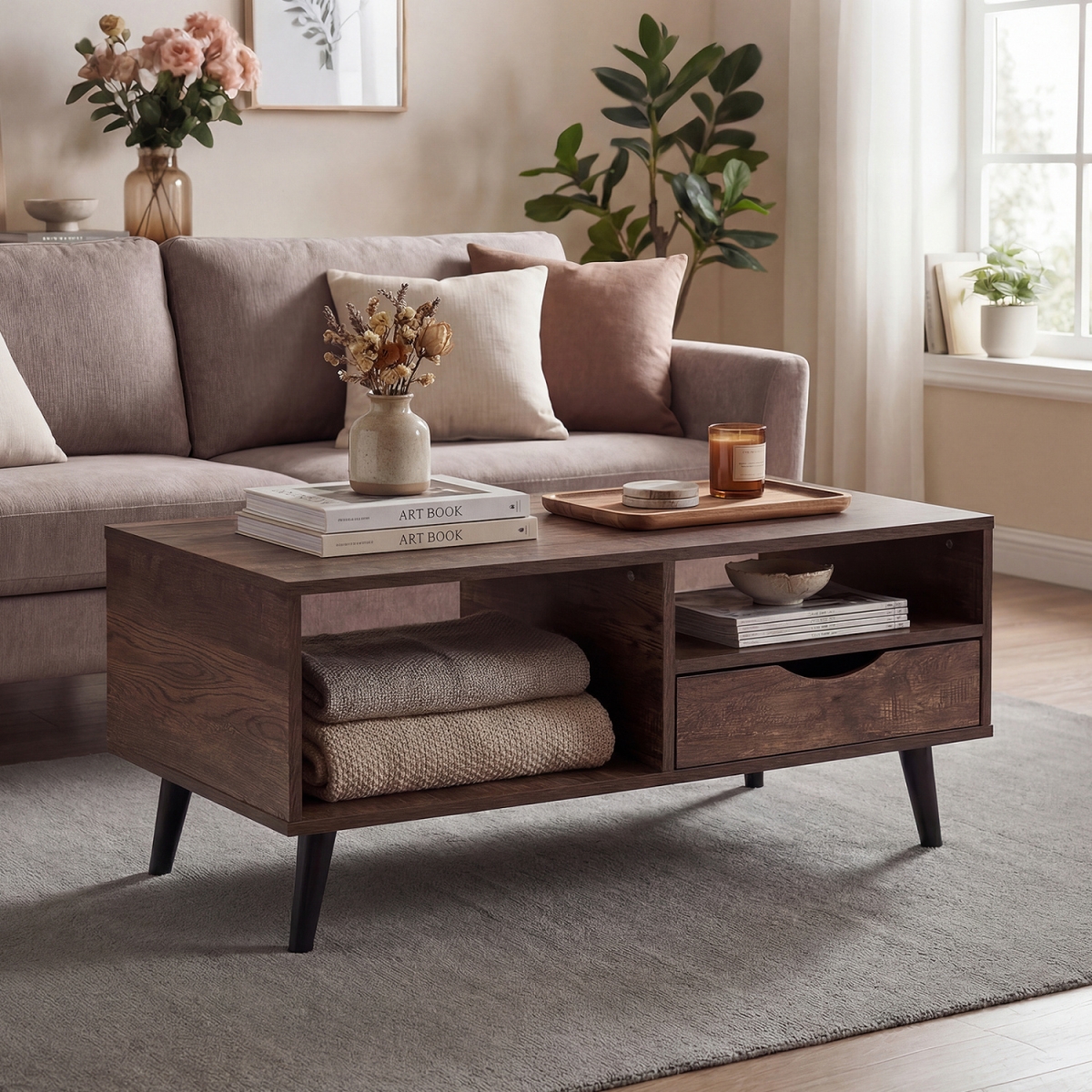 HV10998WL Coffee Table with Storage Rustic Rectangle Center Table - Walnut