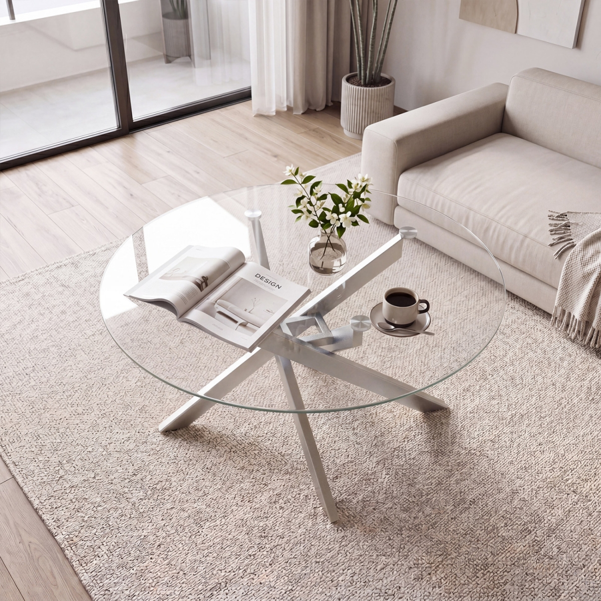 HV11008SL Glass Coffee Table Round Clear Center Table with Tempered Glass Top - Silver