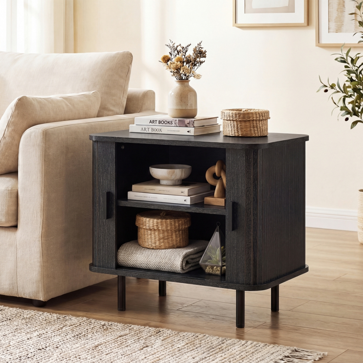 HV11013DK End Table Modern Mid Century Nightstand with Sliding Tambour Doors & Storage Shelf - Black