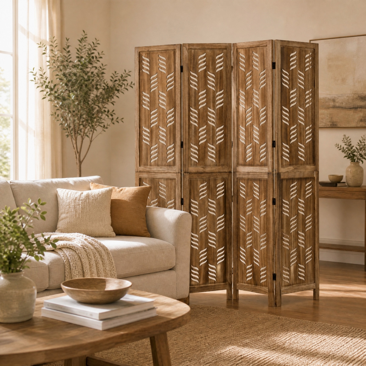 HV11028CF-4 5.5 ft. Tall Room Divider 4 Panels with Wave Cutout & Paulownia Frame - Brown