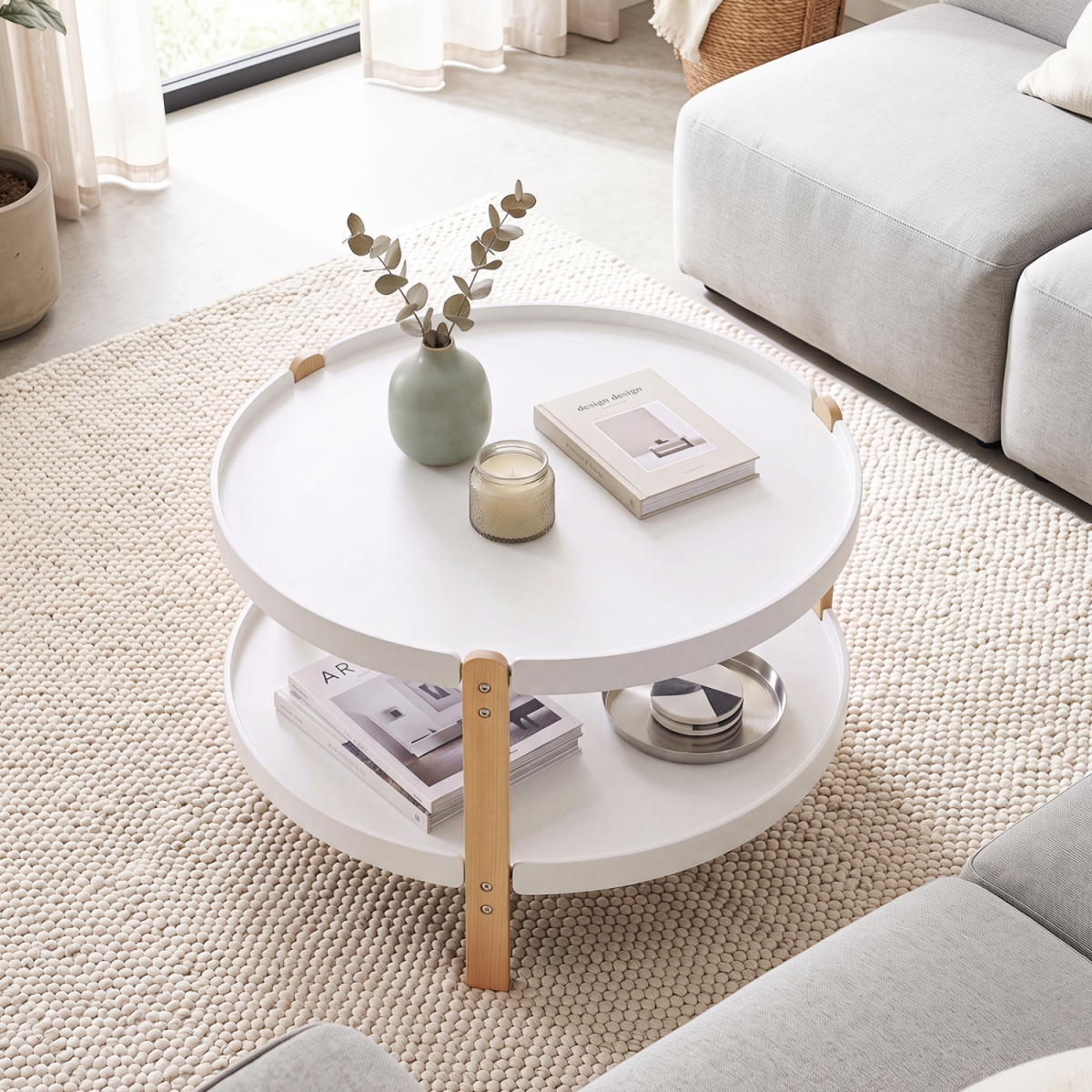 HV11073WH 2-Tier Round Coffee Table with Open Storage Shelf & Solid Beech Wood Legs for Living Room - White
