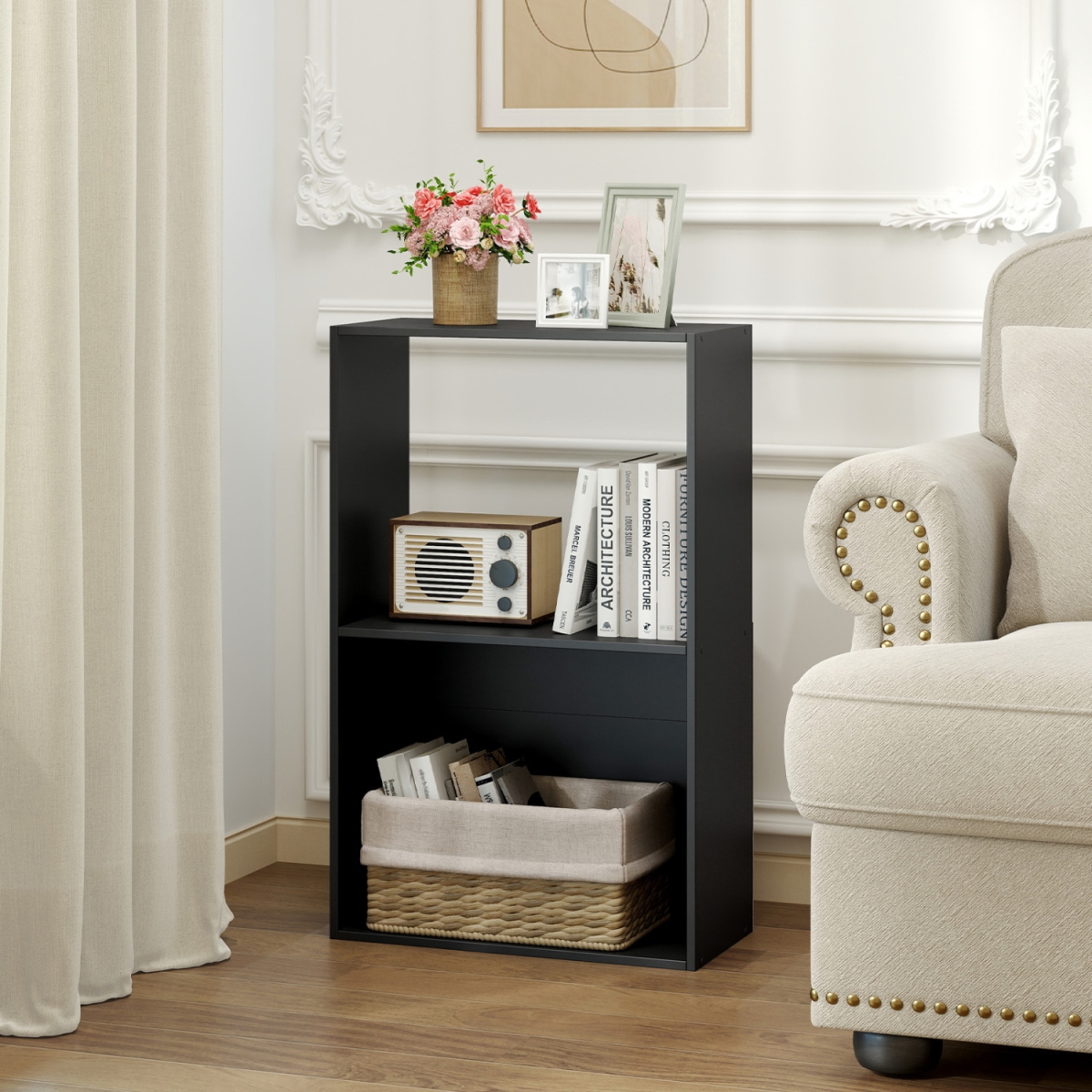 JZ10537BK-1 3-Tier Bookshelf with Open Storage Compartment & Freestanding Display Shelf - Black
