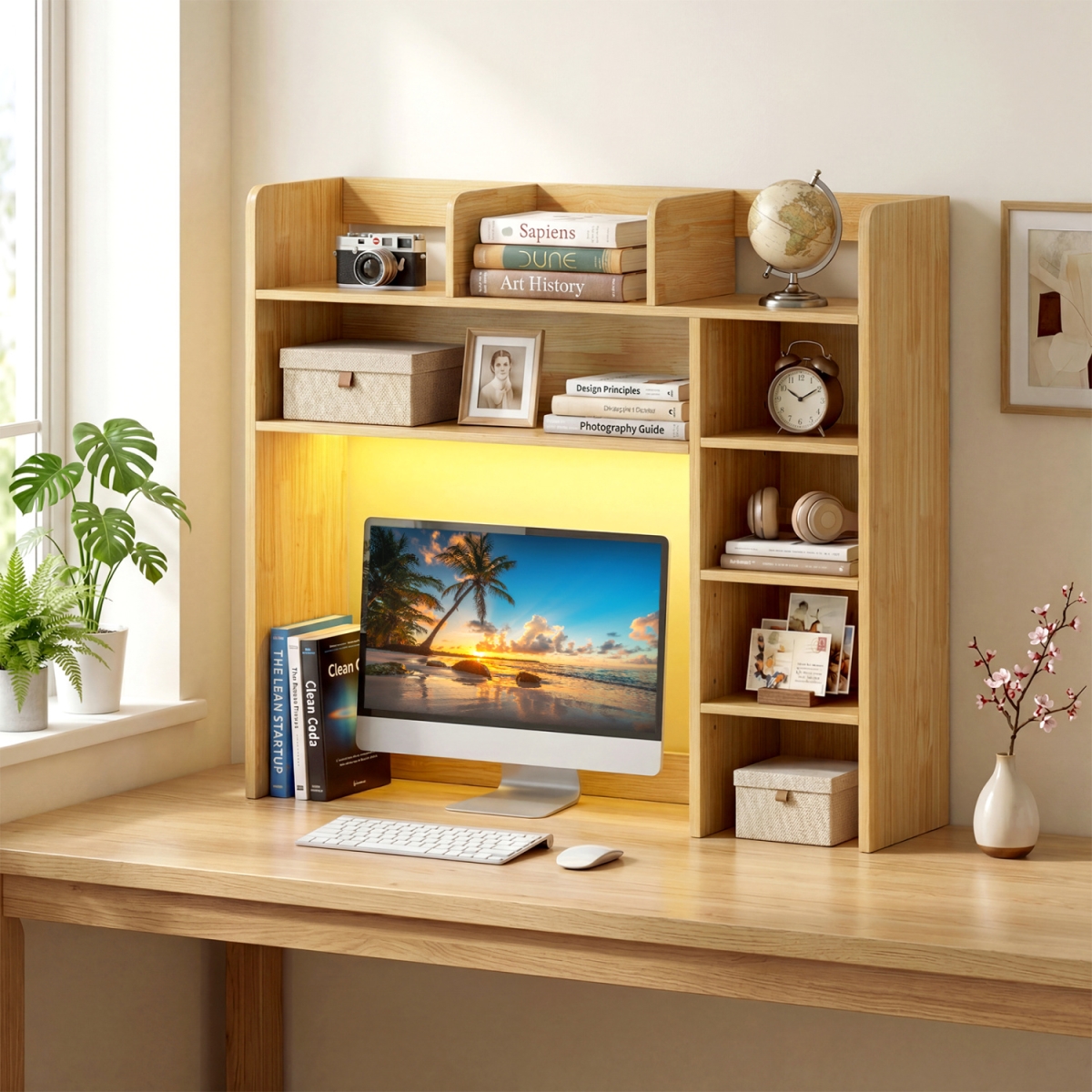 JZ10560BE Desktop Bookshelf with LED Lights 35.5 in. Desk Hutch Storage Organizer - Beige