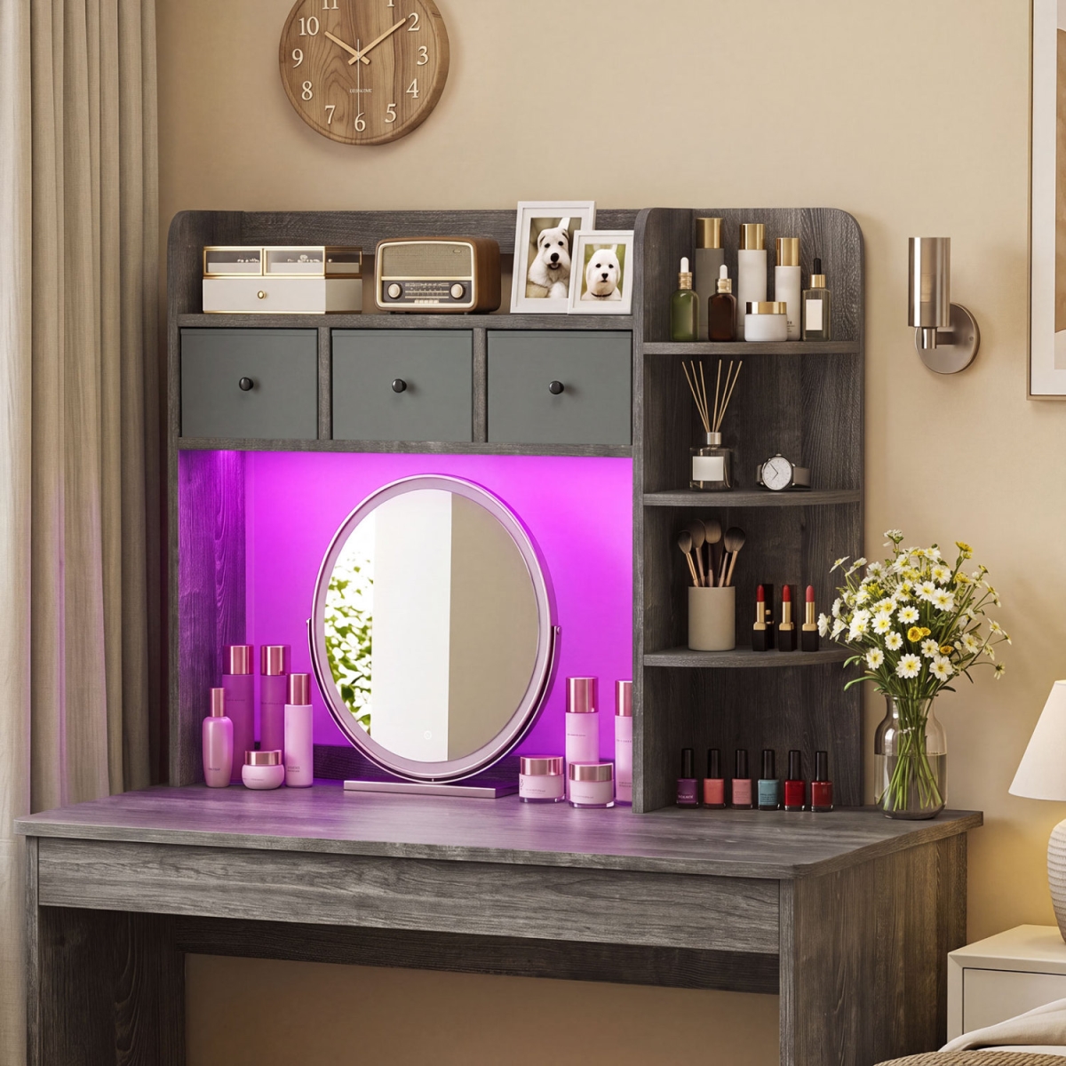 JZ10592TY-OA Desktop Bookshelf with LED Lights 5-Tier Shelves & 3 Drawers for Home Office - Oak Gray