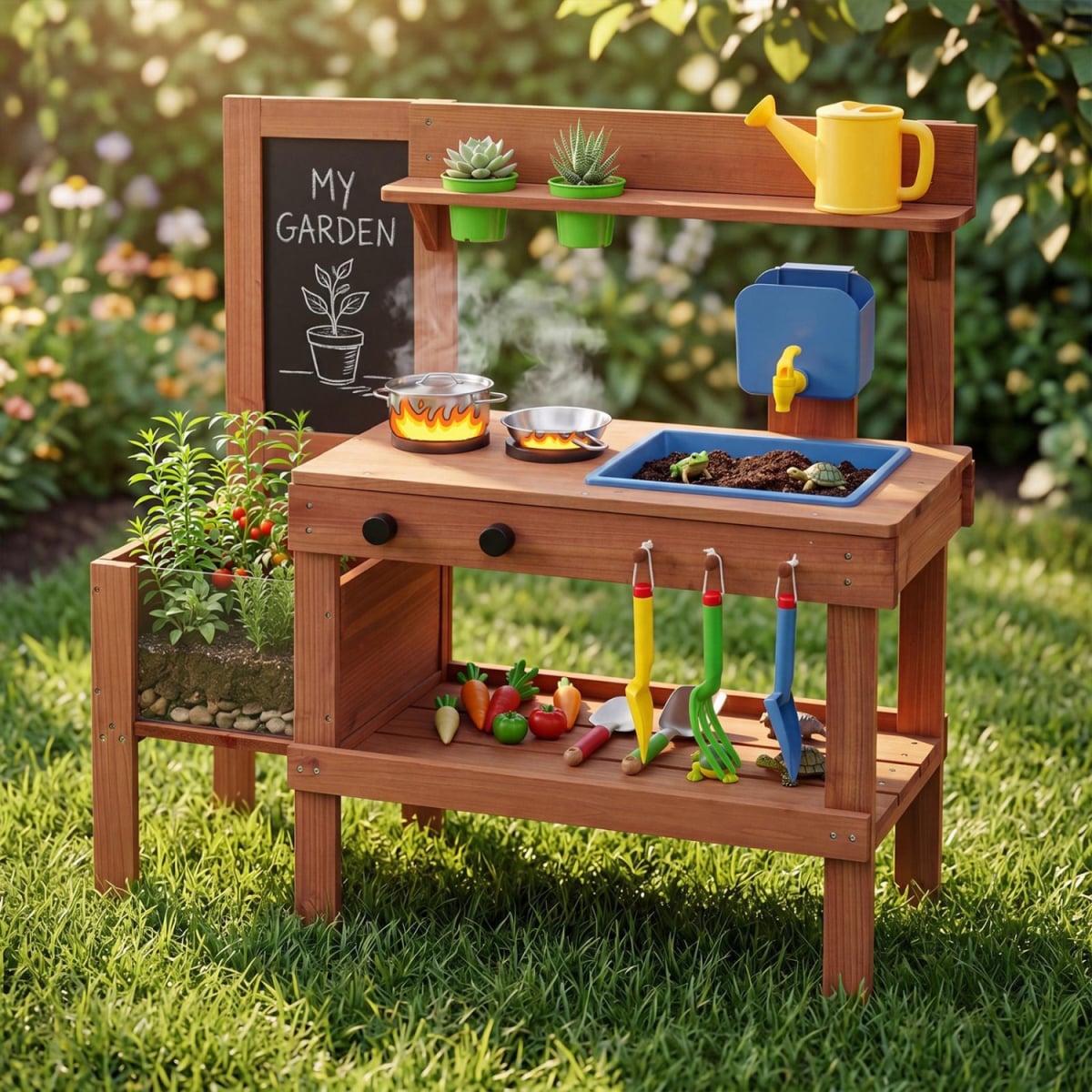 TP10537NA Kids Mud Kitchen with Planter Box & Sink & 13 Accessories for Ages 3 & Up - Natural