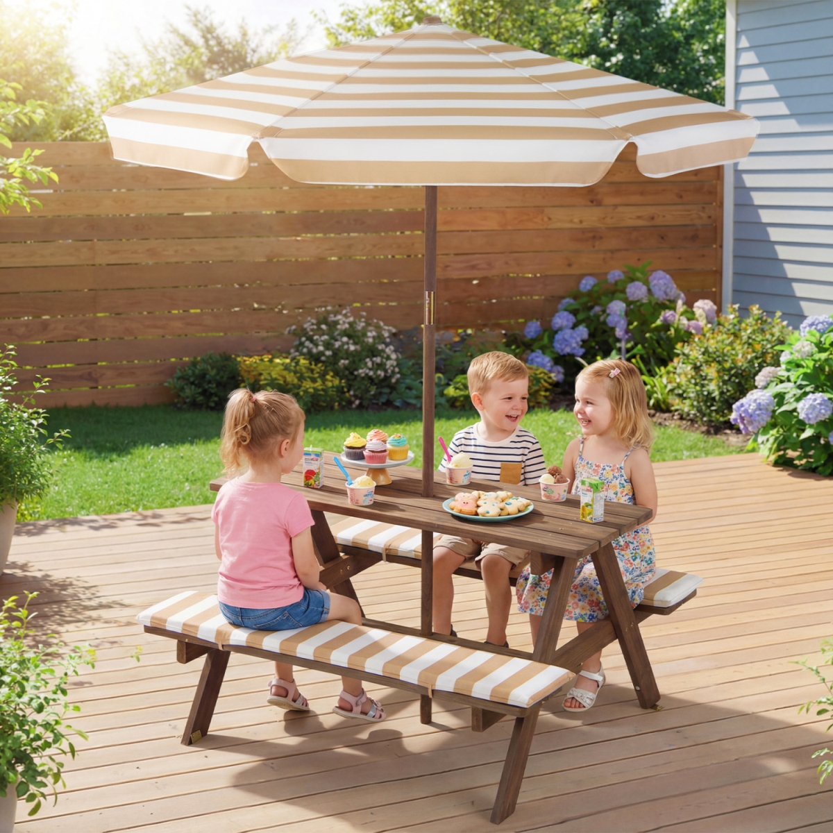 NP13006CF Fir Wood Kids Picnic Table with 2 Built-in Benches & Umbrella - Coffee