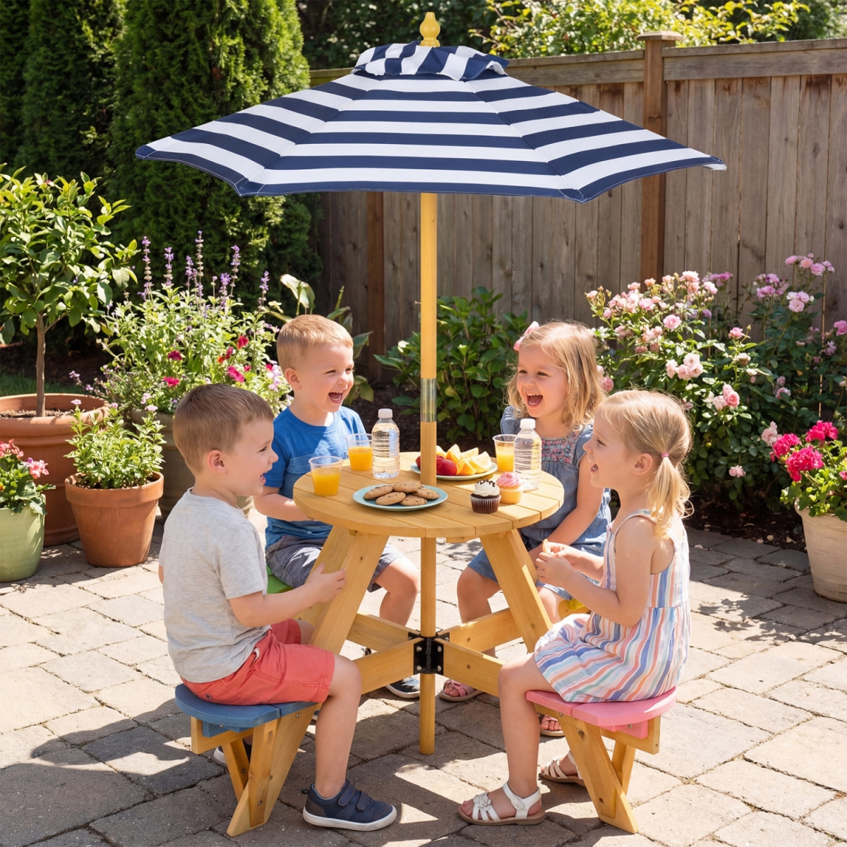 NP13008BL Kids Picnic Table with Stools & Foldable Adjustable Umbrella for Backyard & Patio - Blue