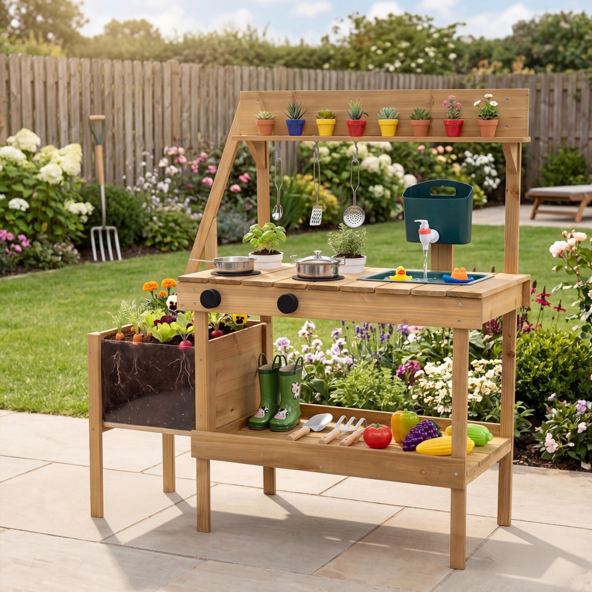 TP10559NA Kids Mud Kitchen Wooden Play Kitchen with Planter Box - Natural