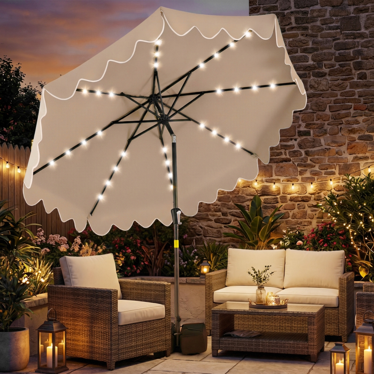 NP13207CF 9 ft. Outdoor Patio Umbrella with Solar LED Lights & Weighted Base - Brown