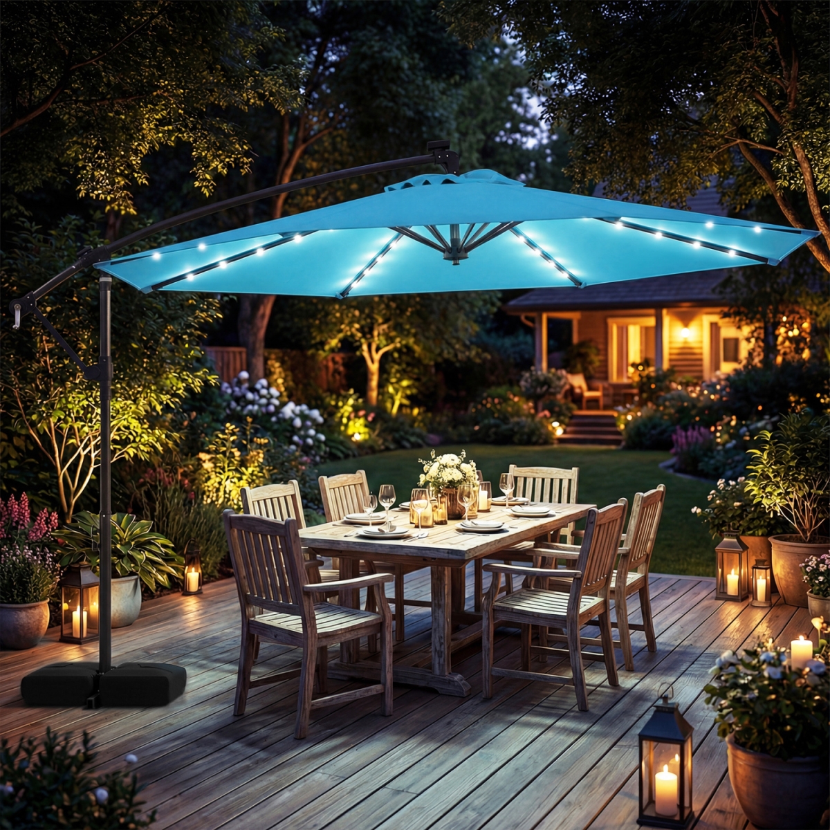 NP13210LS 10 ft. Solar LED Offset Cantilever Patio Umbrella Hanging Outdoor Market Umbrella - Turquoise