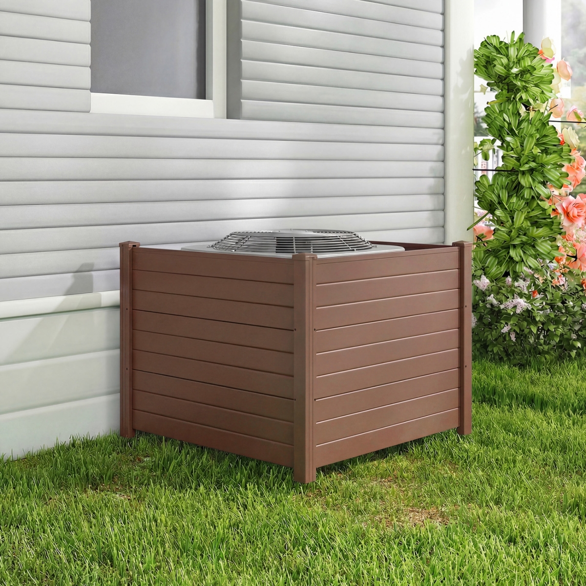NP13268BN 48 x 38 in. Air Conditioner Fence 3 Panels with Metal Ground Stakes for Patio Backyard - Brown