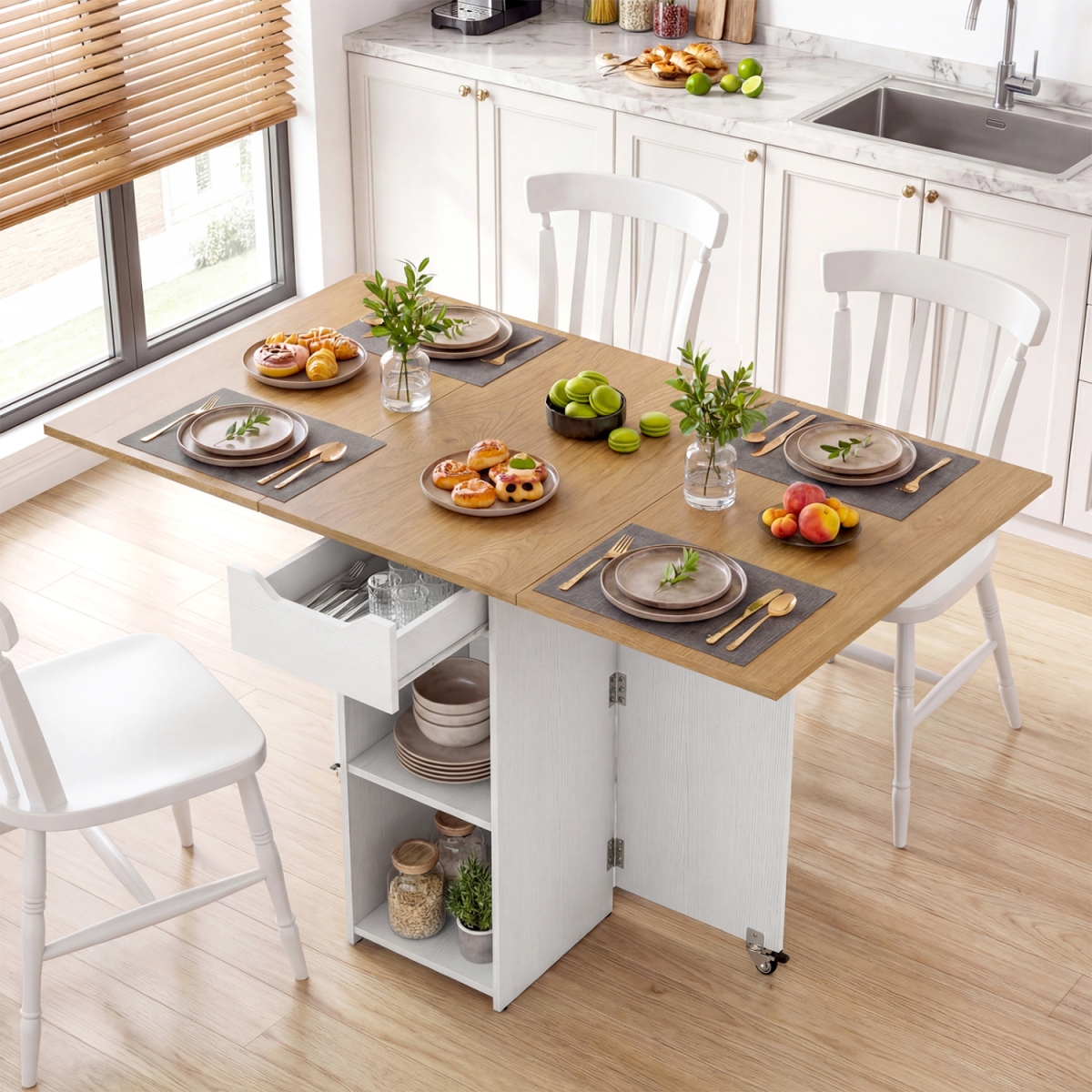 KC58820NA 47.5 in. Farmhouse Extendable Wooden Dinner Table with Lockable Wheels - White