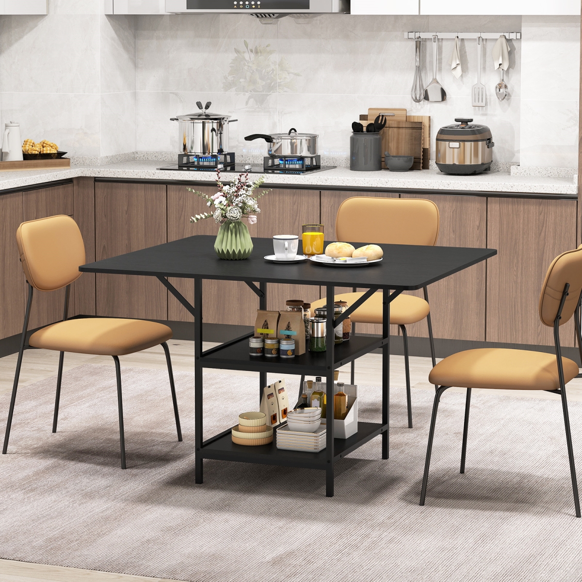 KC59140DK 47 in. Rectangular Dining Table with 2 Open Storage Shelves & Sturdy Metal Legs for 4-6 - Black