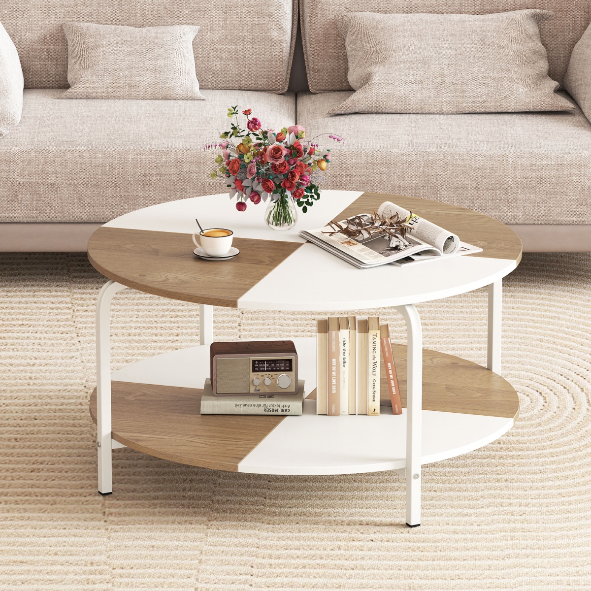 JV13572BS 2-Tier Round Coffee Table Metal Frame with Storage Shelf - Natural & White