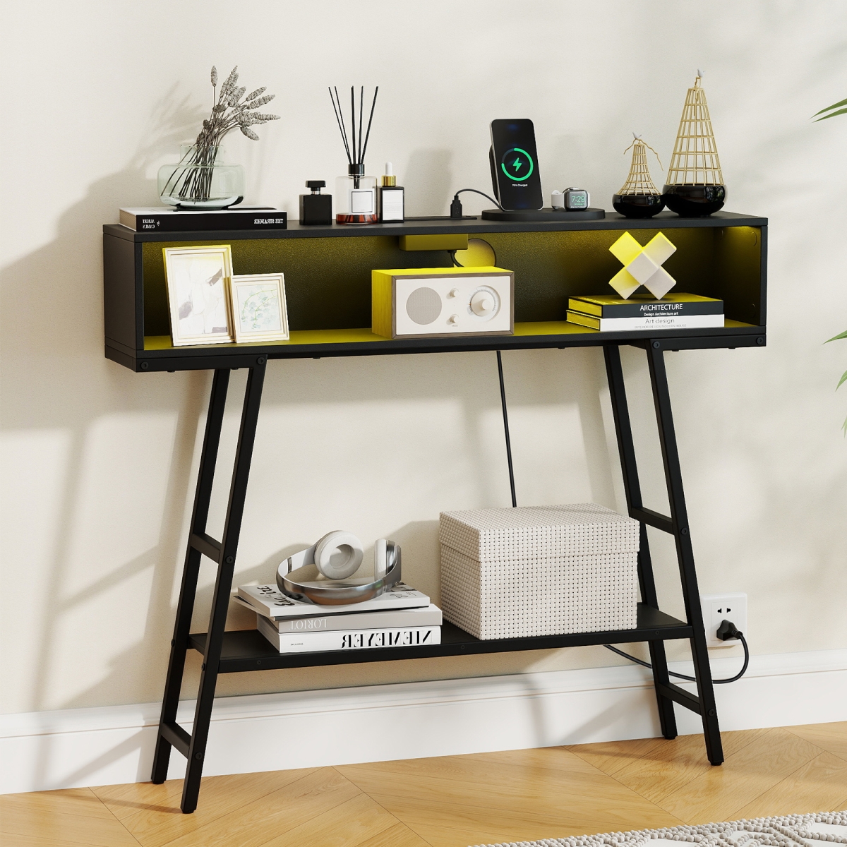JV13573US-DK 40 in. Console Table with Charging Station & LED Lights - Black