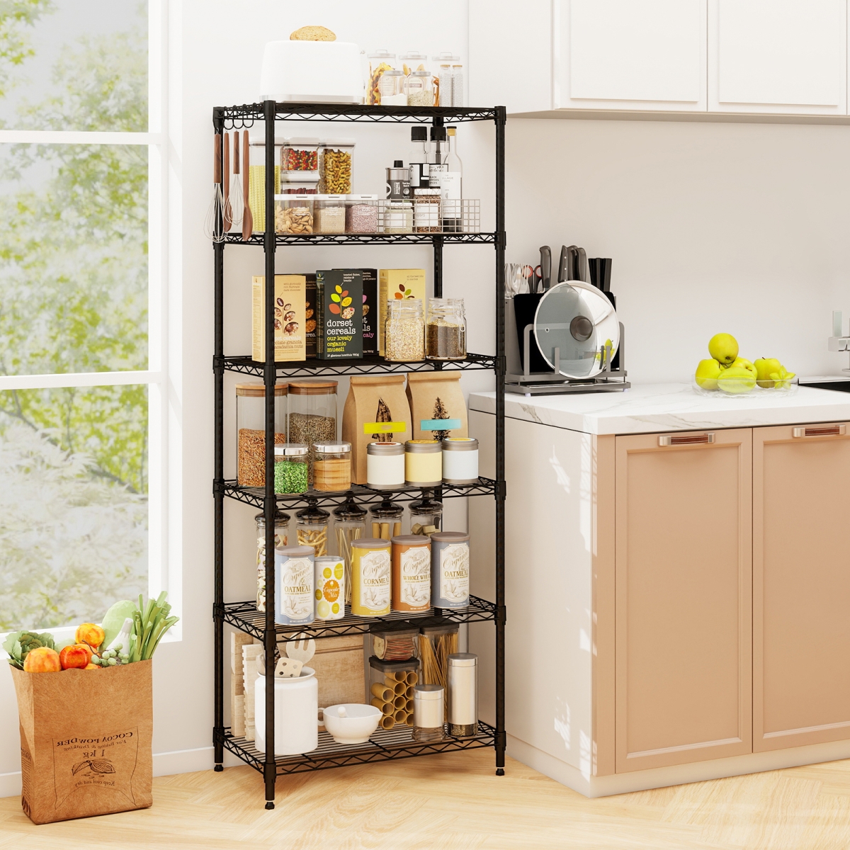 JV13579DK 6-Tier Metal Storage Shelving Unit with V-Shaped Wire Rack & 900 lbs Capacity - Black