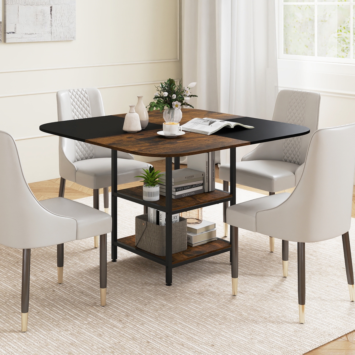 JV13602CF 47.5 in. Modern Square Kitchen Dining Table with Mix-Colored Tabletop - Rustic Brown