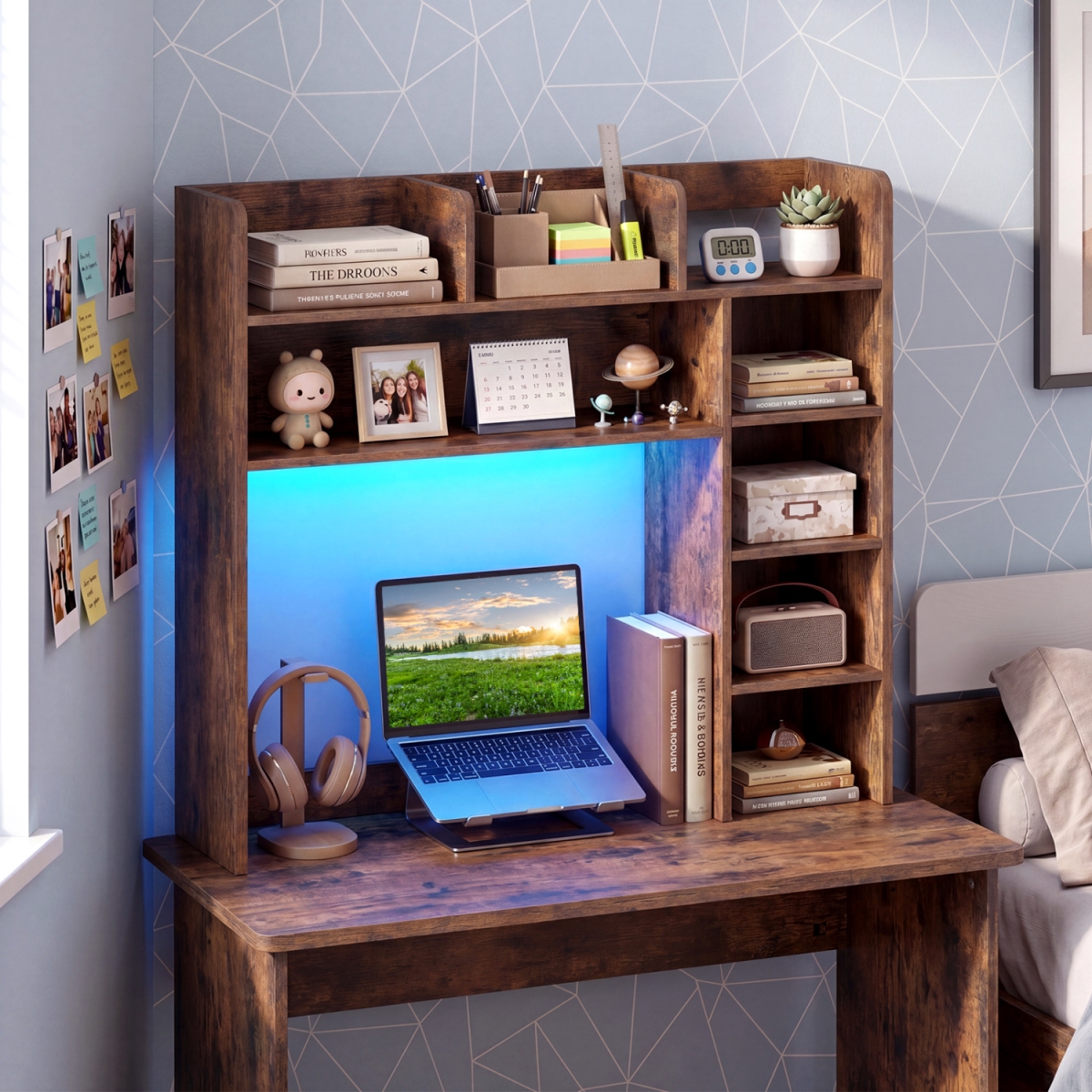 JZ10560CF Desktop Bookshelf with LED Lights 35.5 in. Desk Hutch Storage Organizer - Rustic Brown