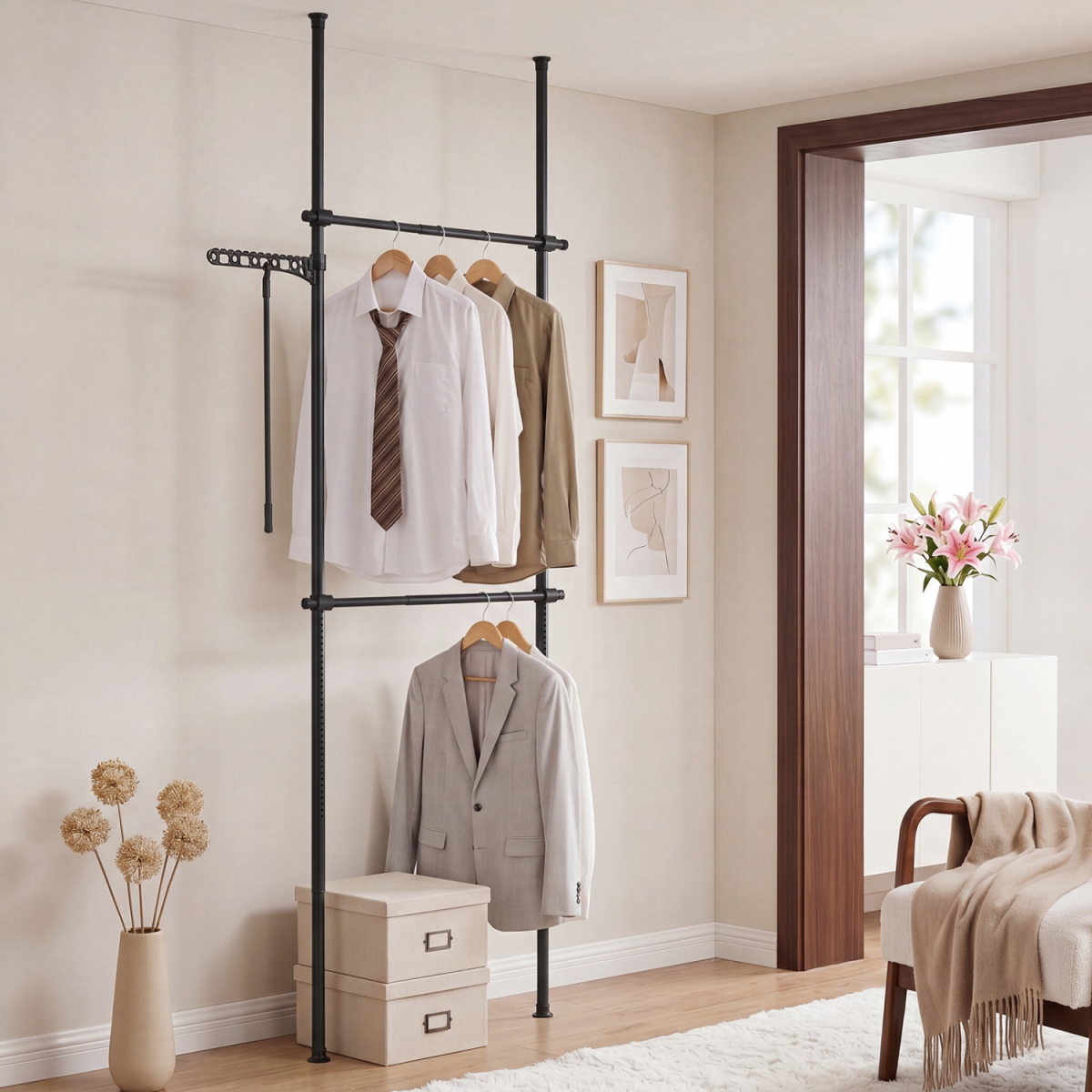 JZ10568DK Adjustable Floor to Ceiling Clothes Rack with 2 Hanging Rods - Black