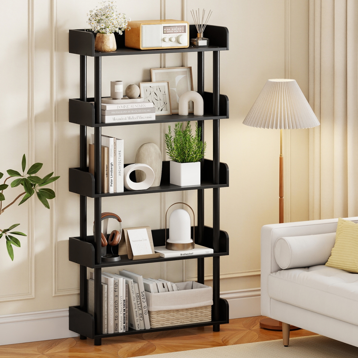 JV13679DK 5-Tier Open Bookcase with Industrial Storage Unit - Black