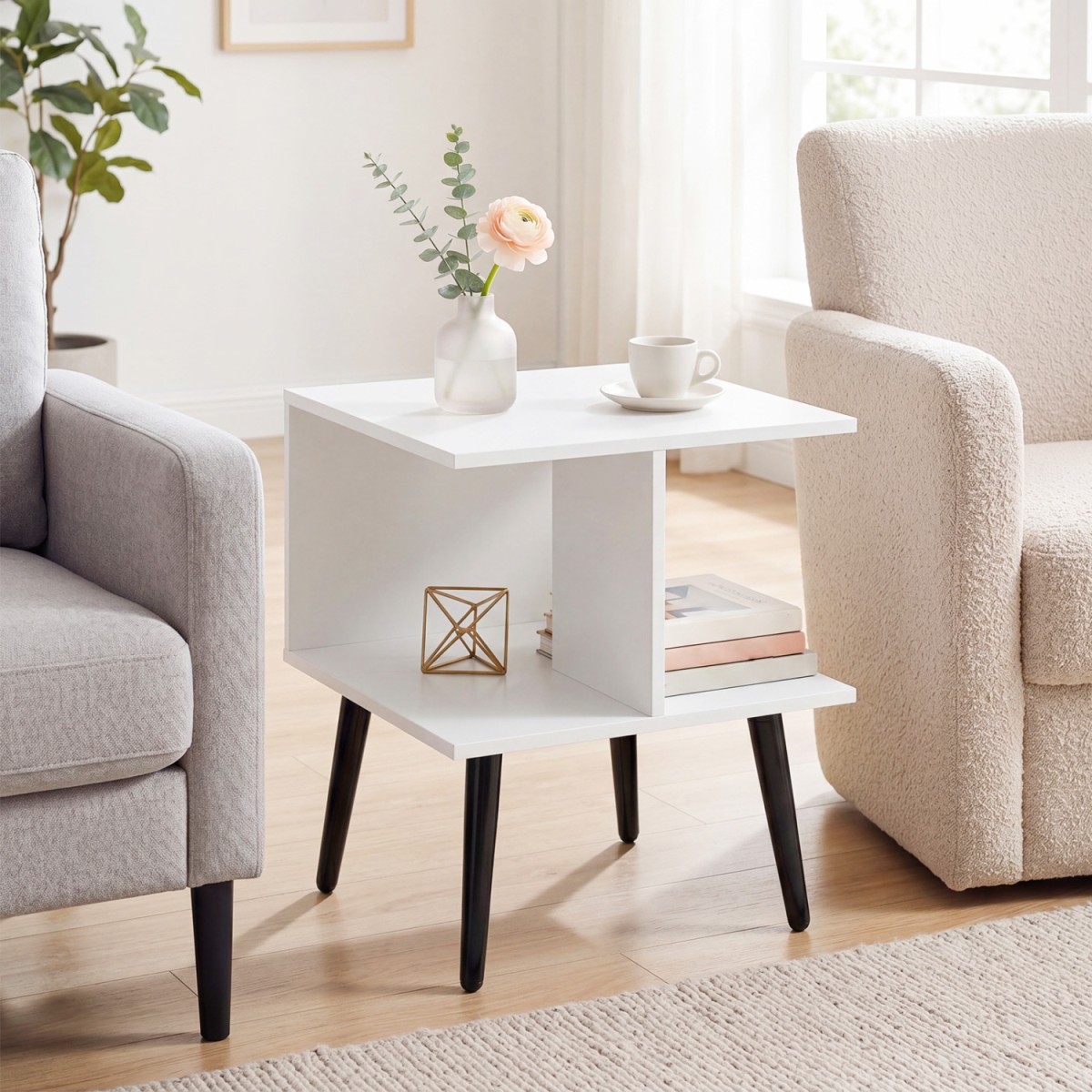JV13697WH-1 2-Tier Mid Century Modern End Table with 2 Compartments & Metal Legs - White