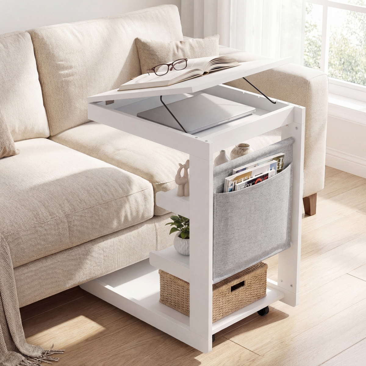 JV13808WH C-Shaped End Table with Wheels & Adjustable Desktop for Sofa Couch Bedside - White