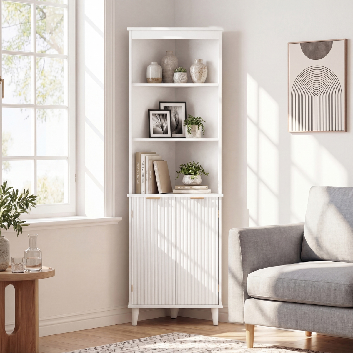 JV13811WH 68 in. Tall Bathroom Floor Storage Cabinet with Fluted Doors - White