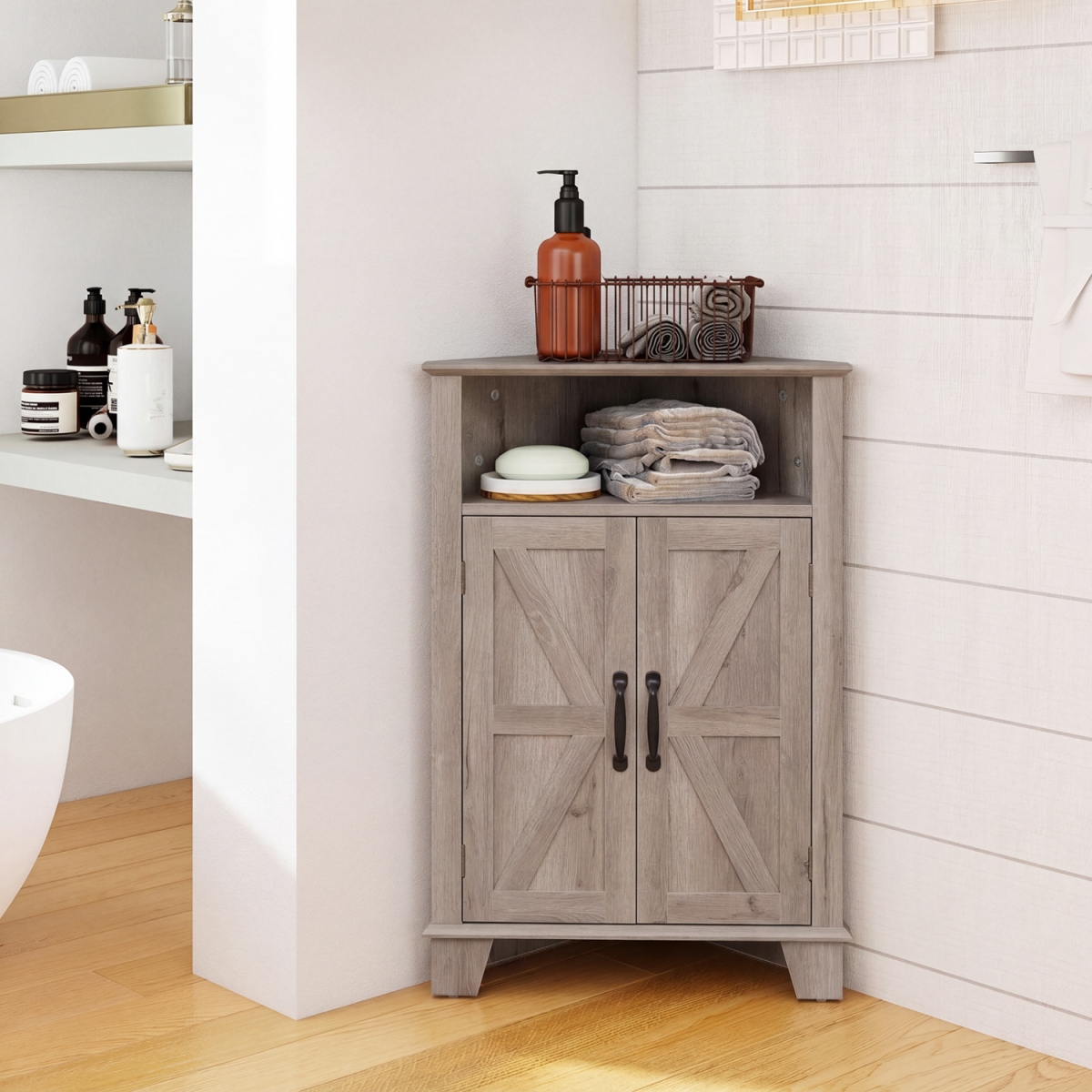 JV13850GR 4-Tier Corner Storage Cabinet with Open Shelf - Gray