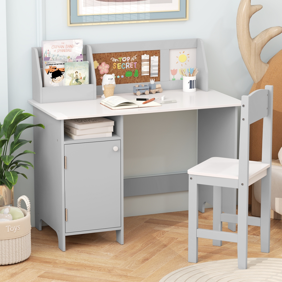 HY10278GR Kids Table & Chair Set with Bookshelf & Cabinet Study Table for Bedroom - Gray