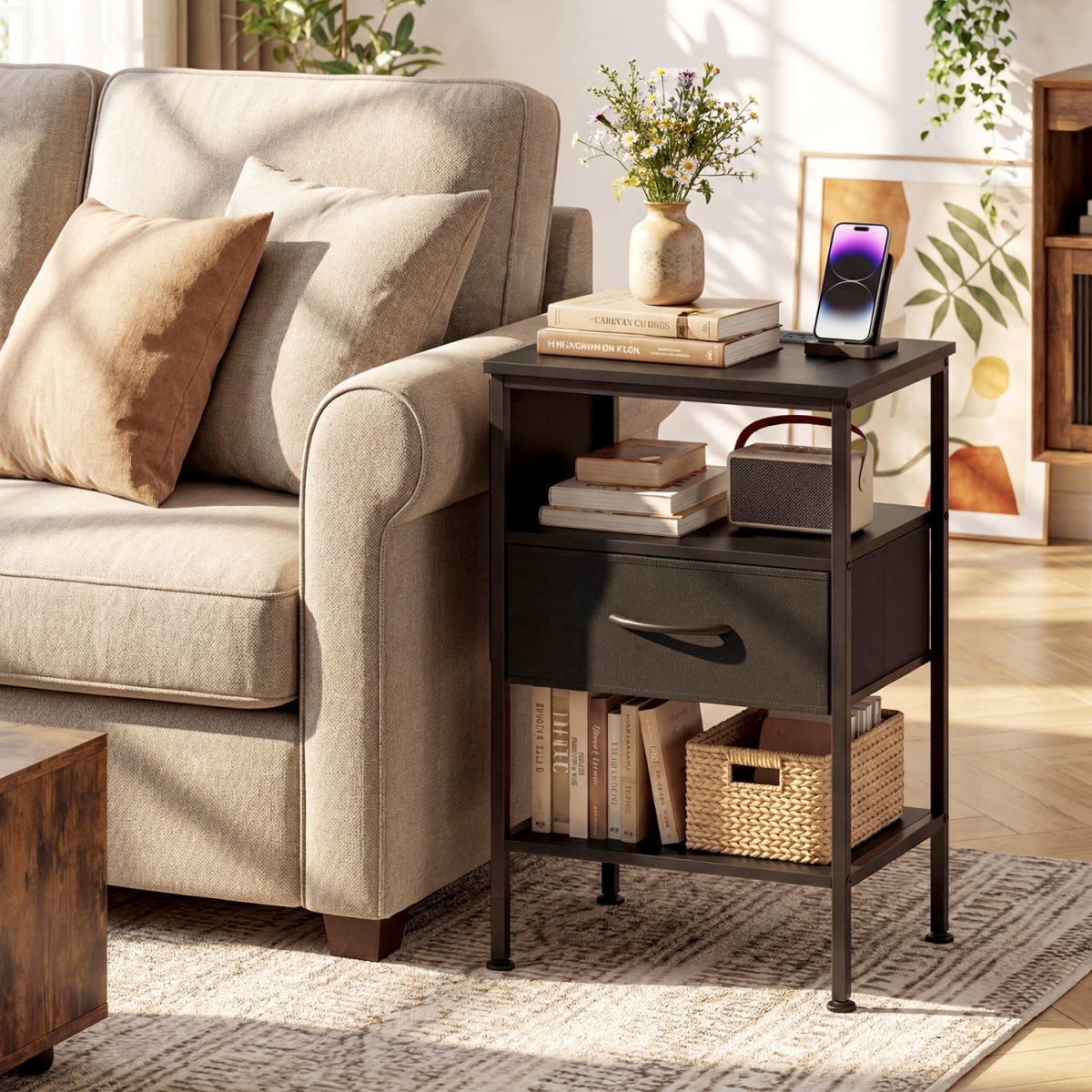 JZ10403US-DK Nightstand with Charging Station 24.5 in. Modern Bedside Table with Fabric Drawer - Black