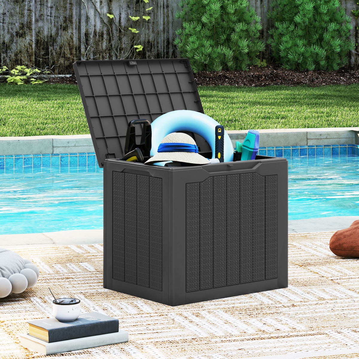 NP12485BK Outdoor Storage Box 25 gal Deck Box with Lockable Lid & Wicker-Woven Texture - Black