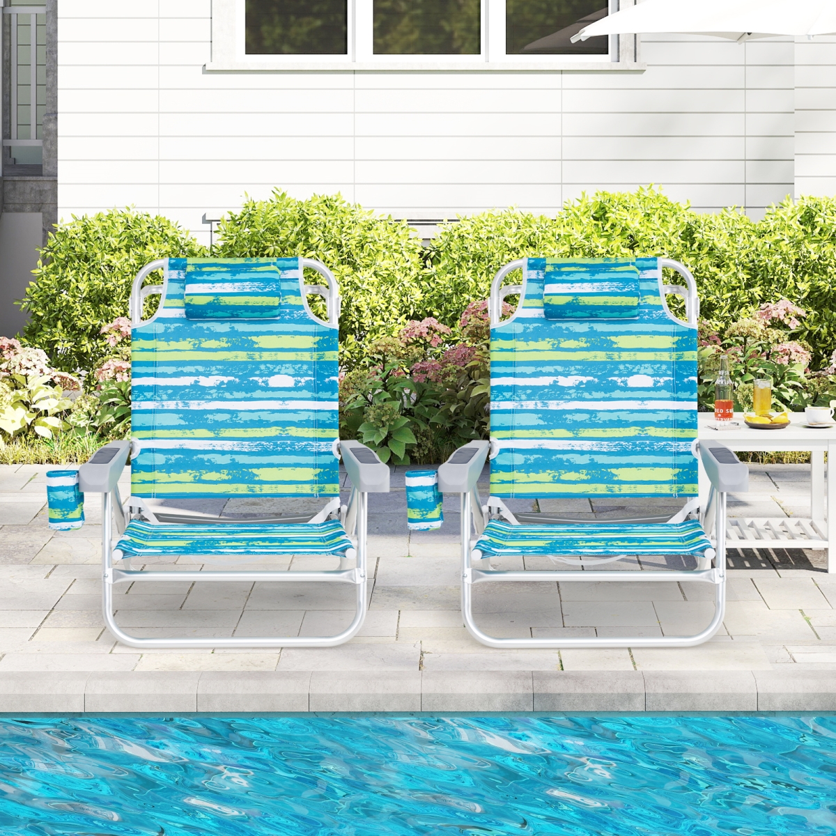 NP12546GN-2 Folding Beach Chair with Adjustable Positions & Head Pillow - Green - Pack of 2