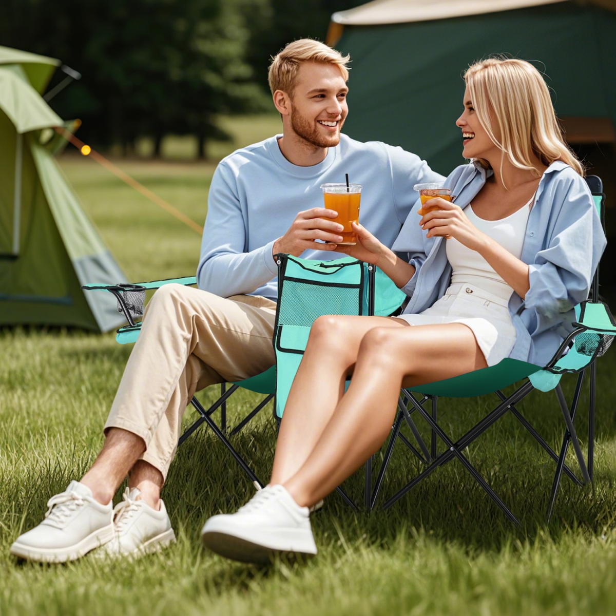 OP70621LV Portable Folding Picnic Double Chair with Removable Umbrella - Mint Green
