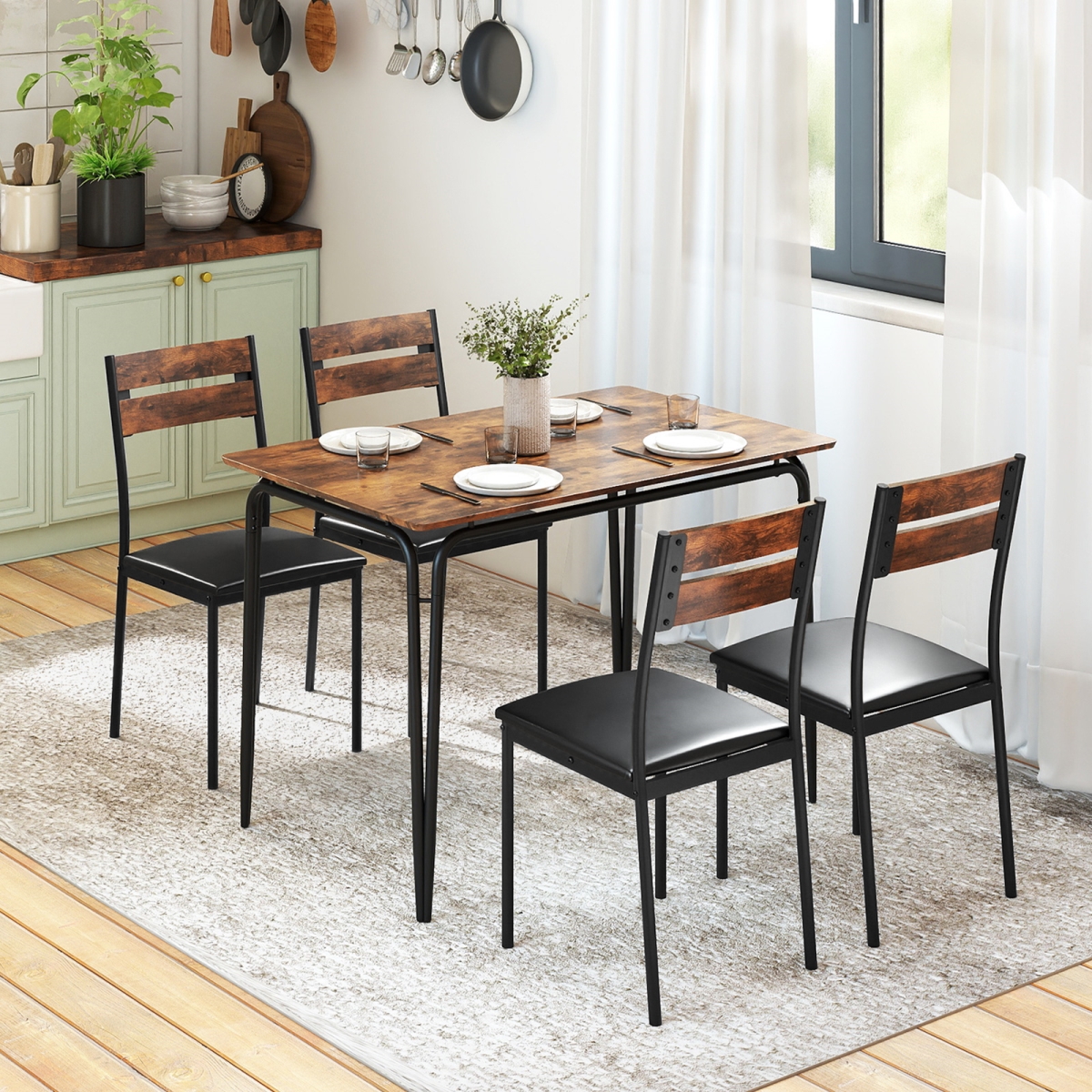 KC58408CF Dining Table Set Industrial Rectangular Kitchen Table & 4 Armless Chairs - Rustic Brown - 5 Piece