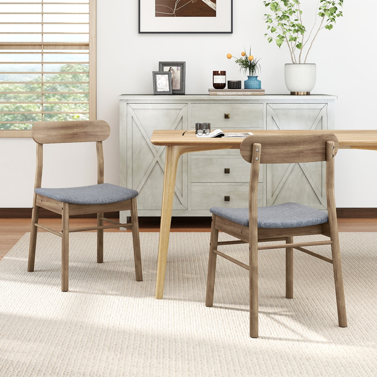 KC59222OK Fabric Upholstered Kitchen Armless Dining Chairs with Rubber Wood Frame - Oak - Set of 2