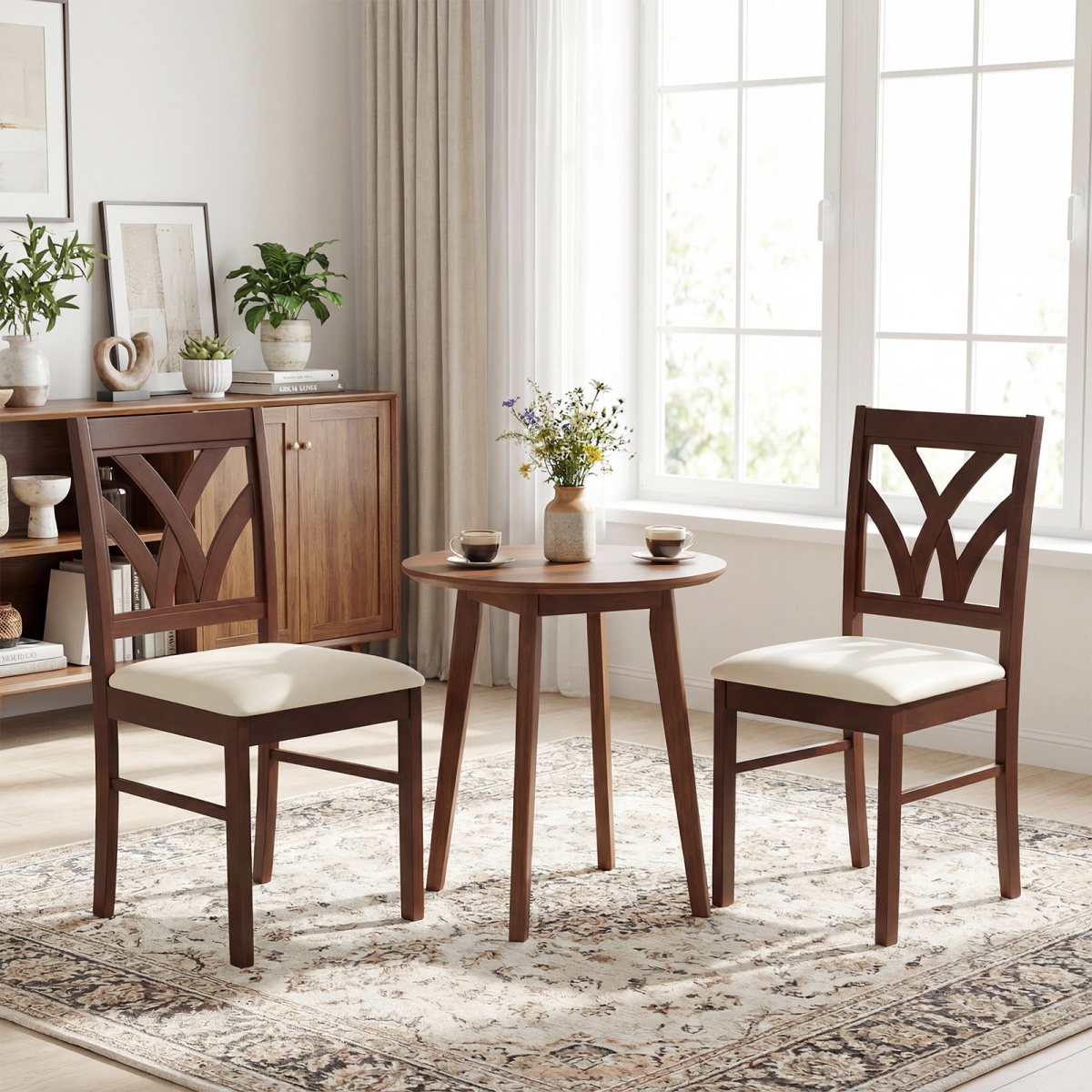 KC59360BN-2 Wooden Dining Chairs Upholstered with Hollowed Backrest & Soft Padded Seat - Brown - Set of 2